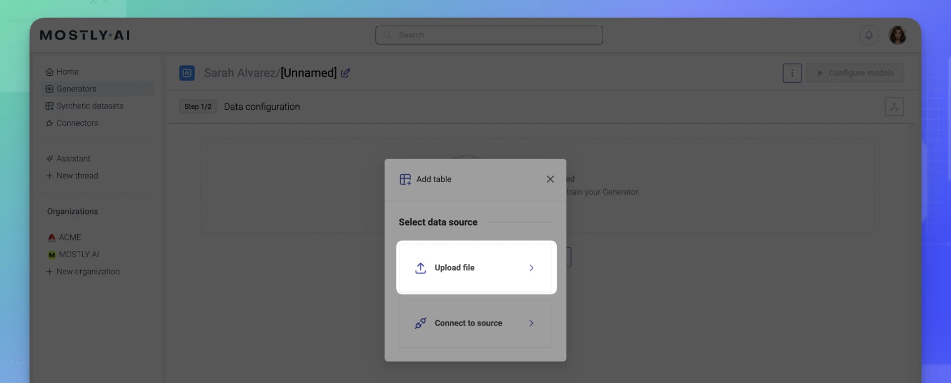 MOSTLY AI - Generators page - Select Upload file
